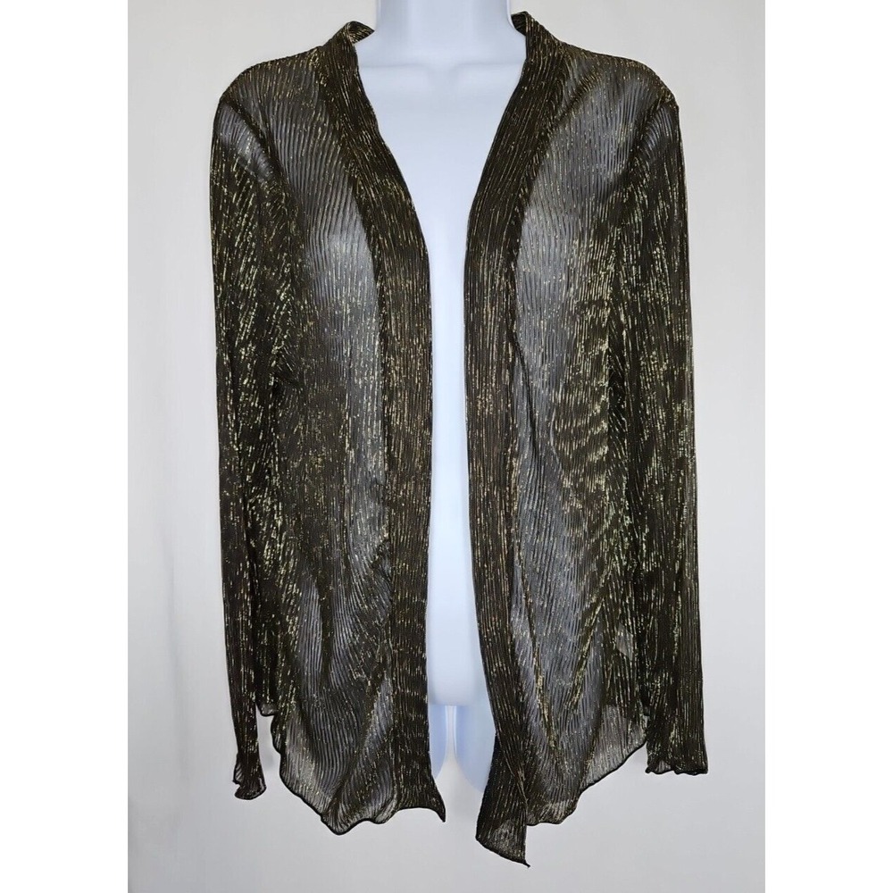 Agnes Orinda Women's Sheer Black‎ & Metallic Gold Open Front Top Size 1X